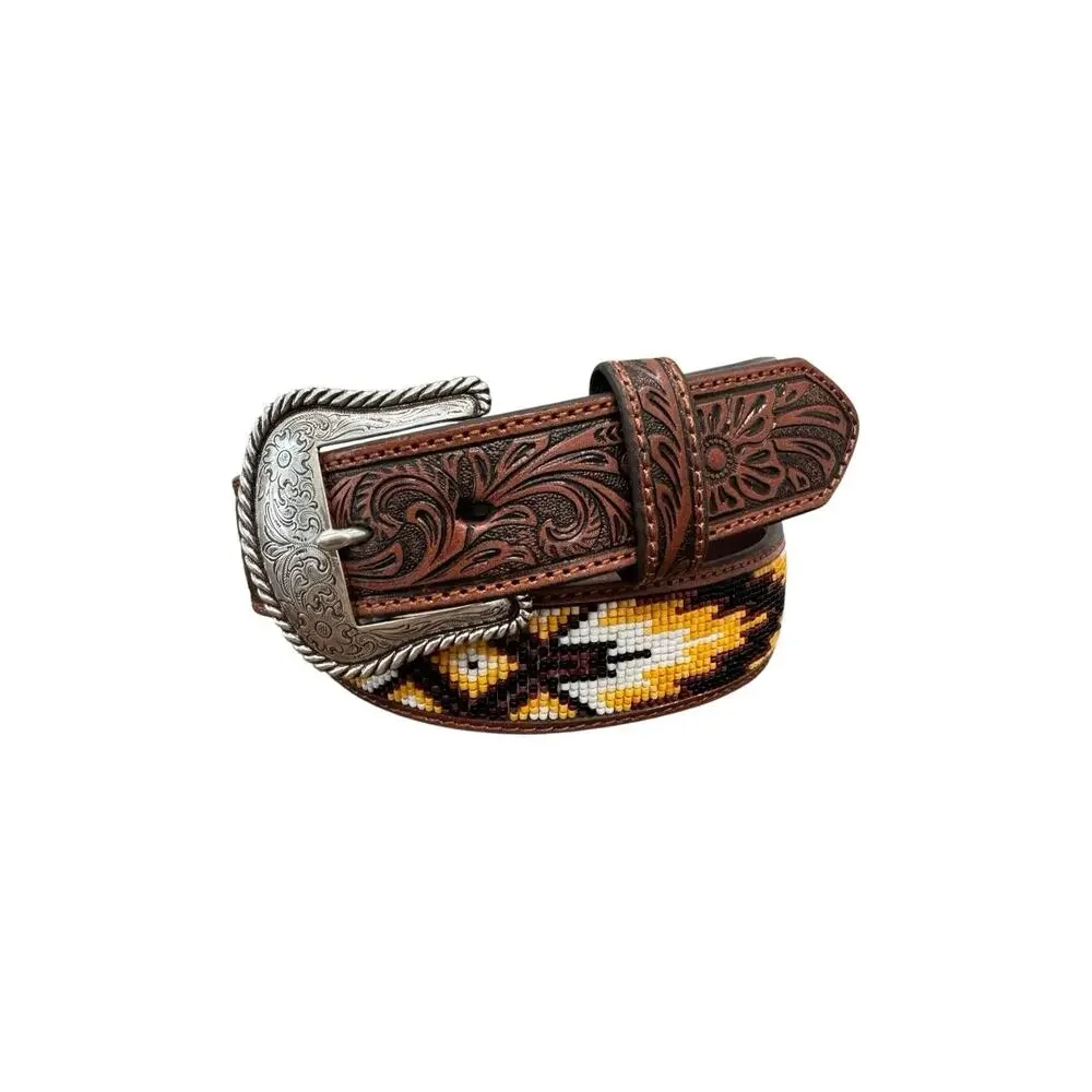 Nocona Beaded Western Leather Belt Tooled Floral Silver Buckle Size 38 N2499308